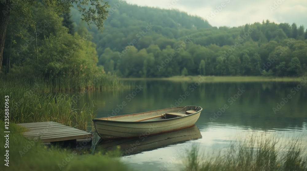 Weathered Rowboat on Serene Lake with Lush Green Hills Weathered Rowboat on Serene Lake with Lush Green Hills