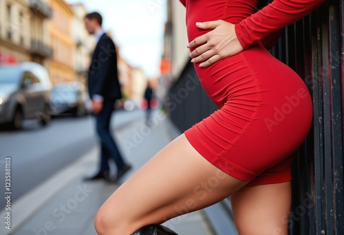 Closeup of athletic woman thighs with elegant red tight dress and black mid-calf boots