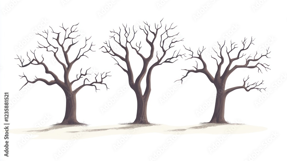 Three bare trees winter landscape illustration, nature design Three bare trees winter landscape illustration, nature design