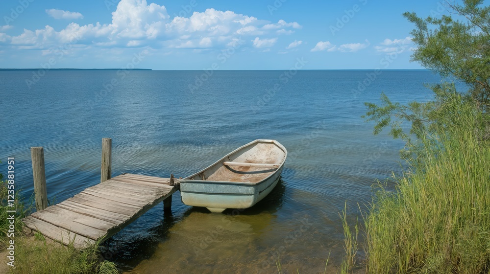 Fototapeta Weathered Boat Moored at Rustic Wooden Dock on a Summer Day