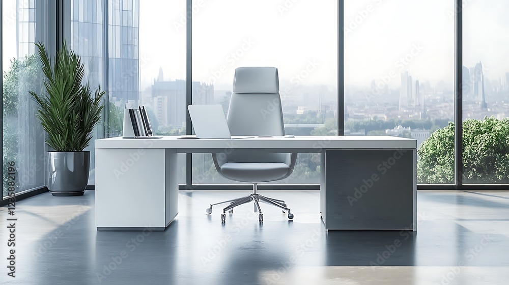 Modern office space with a sleek desk, ergonomic chair, and city view. Modern office space with a sleek desk, ergonomic chair, and city view.