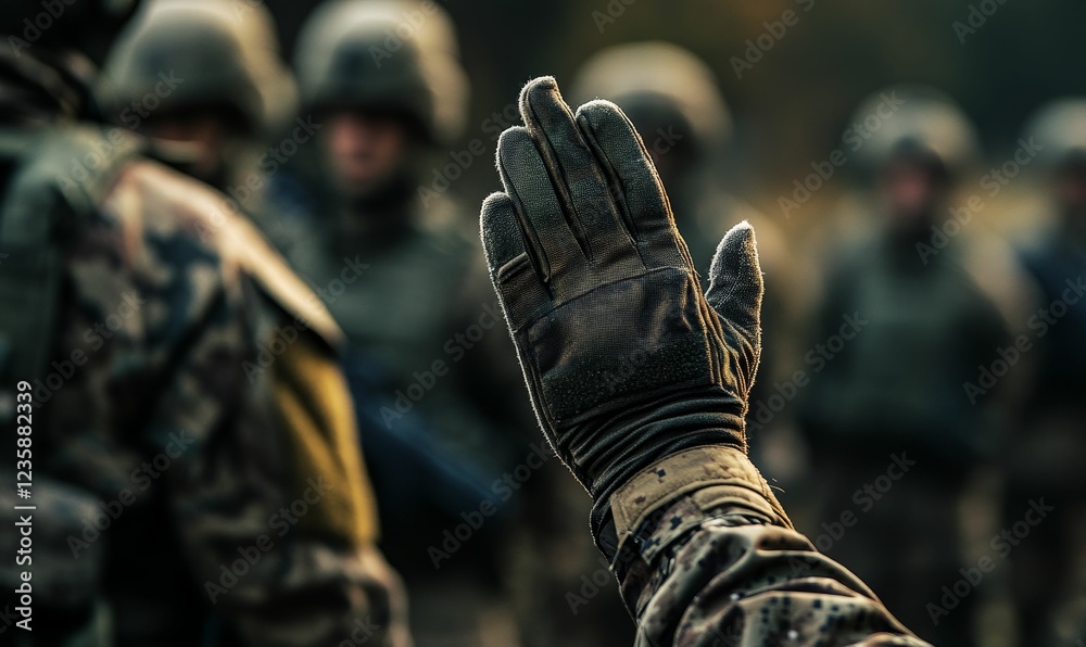 Fototapeta premium Gloved hand signals halt, soldiers stand at attention.