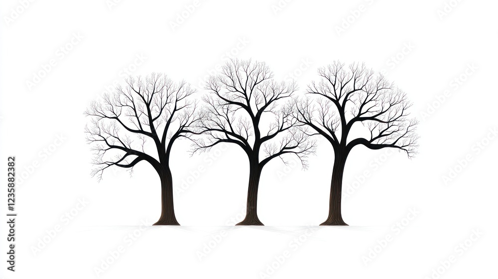 Obraz premium Three bare trees winter silhouette, white background, nature design