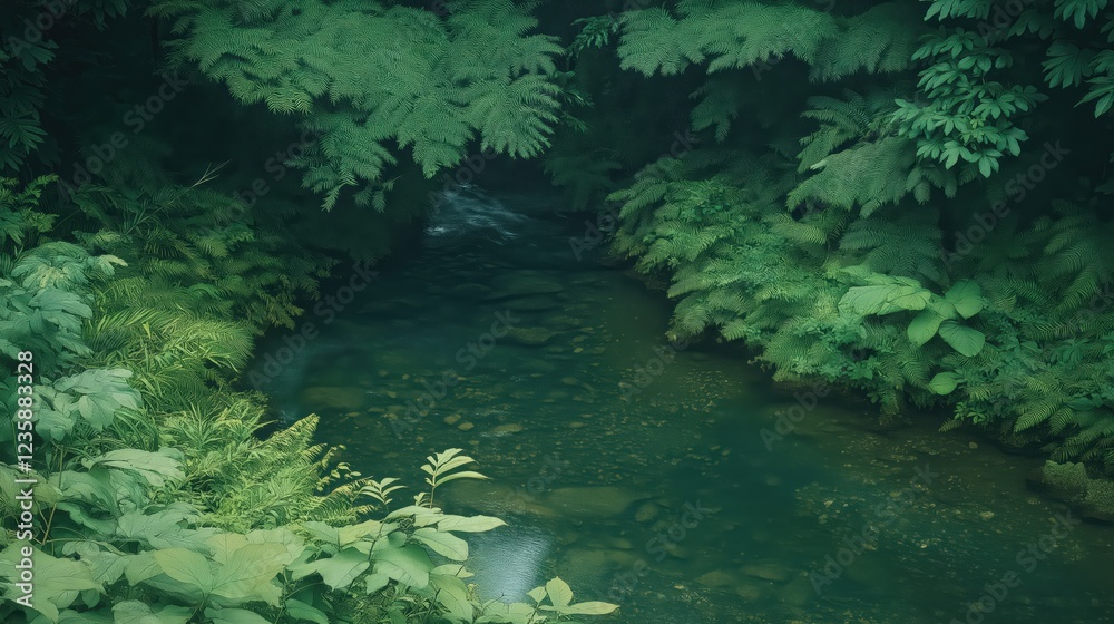Tranquil Green Stream Surrounded by Lush Foliage Tranquil Green Stream Surrounded by Lush Foliage