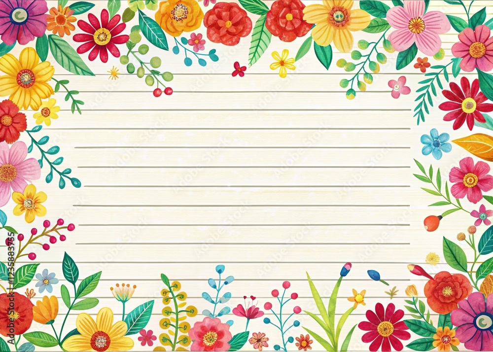 Fototapeta premium Floral Patterned Handwritten Lined Paper Design
