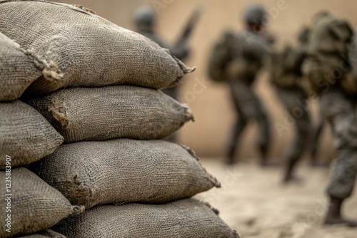 Stacked burlap sacks, soldiers blurred background