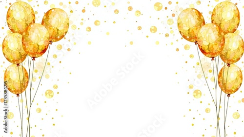 A frame of golden balloons and confetti on a white background. place for text, greeting card
