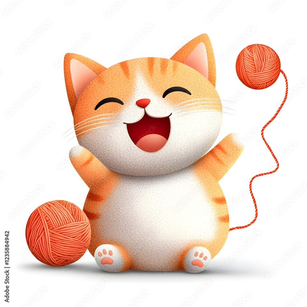 Fototapeta premium Playful Cartoon Cat with Yarn Ball and Happy Expression