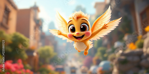 a cartoon character with big eyes and a smile on his face, flying through the air with his wings spread wide open and eyes wide open. generative ai photo