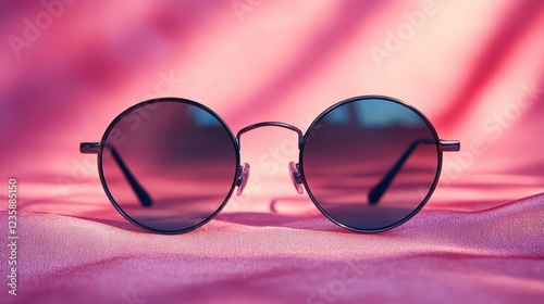 Minimalist round sunglasses, clean and elegant solid background 