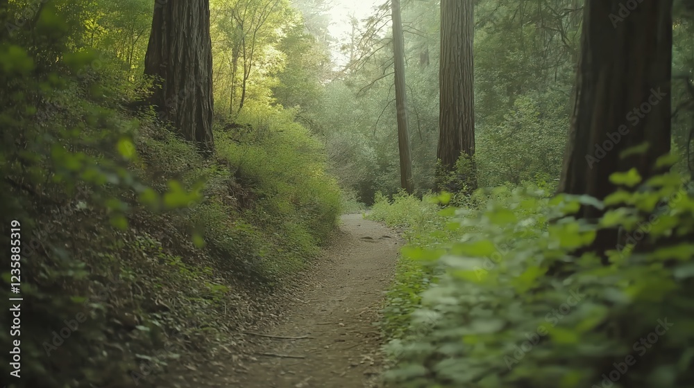 Obraz premium Sunlit Forest Path Winding Through Lush Green Trees