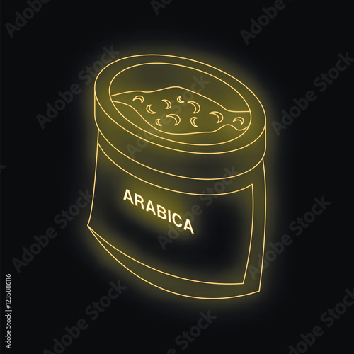 Glowing neon yellow illustration of an arabica coffee bag, radiating warmth and aroma on a dark background