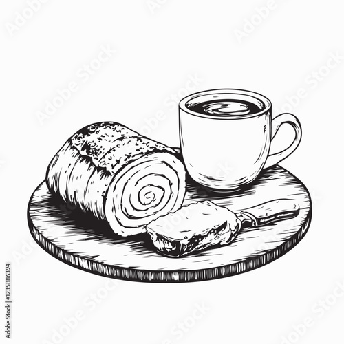 Delicious Cup of Coffee and Swiss Roll Cake on a Plate image vector isolated on white background.