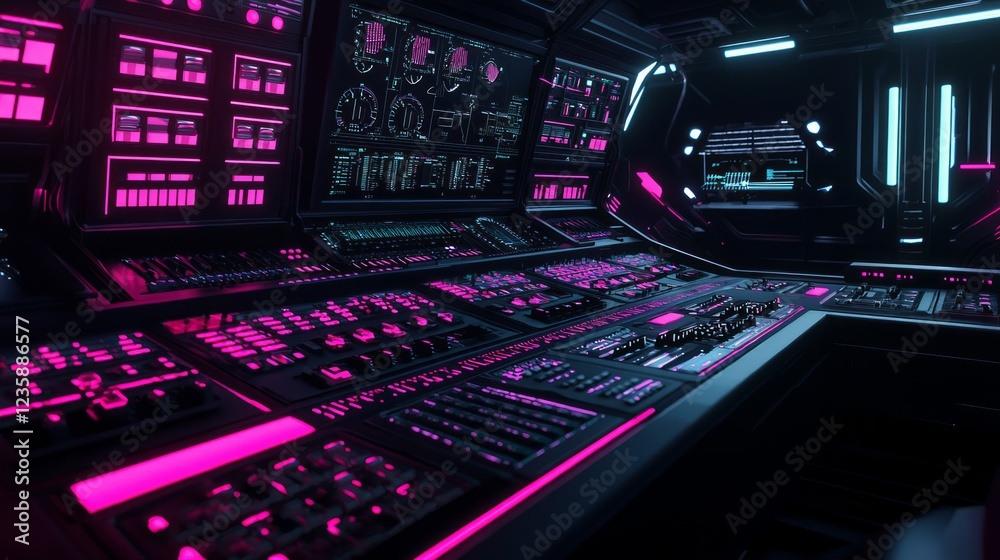 Obraz premium Futuristic Console Desk in Dark Room with Neon Accents and Panels