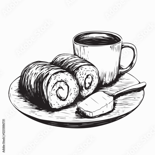 Delicious Cup of Coffee and Swiss Roll Cake on a Plate image vector isolated on white background.