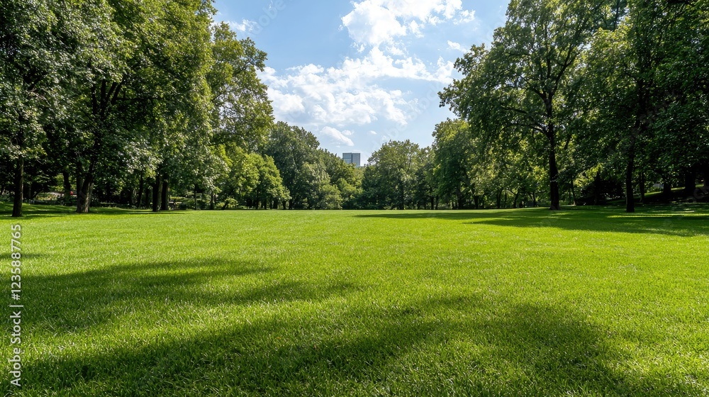Sunny park lawn, trees, city skyline. Nature escape Sunny park lawn, trees, city skyline. Nature escape