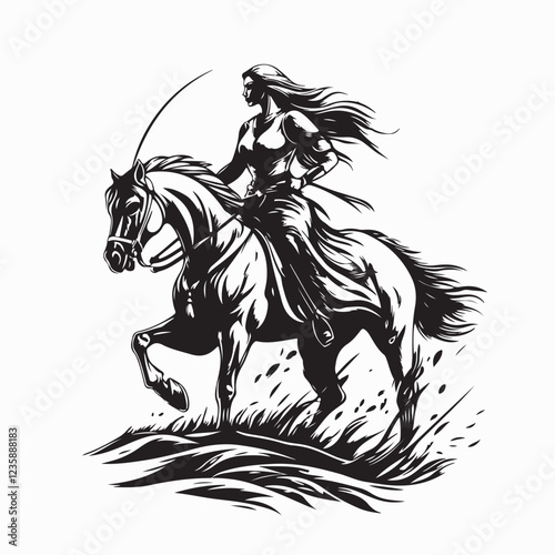 Brave Medieval Warrior Woman Riding a Horse image vector isolated on white background.