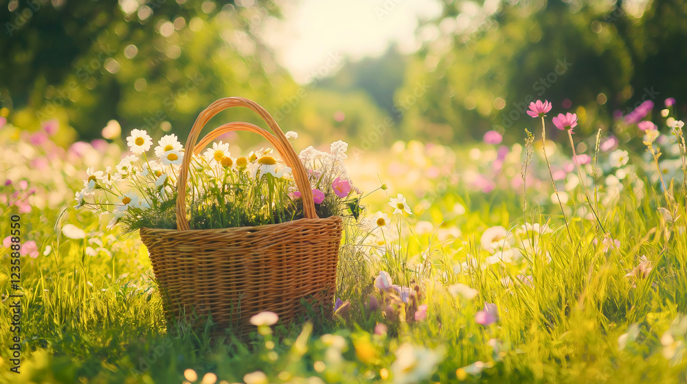 Vibrant Flower Bouquet in a Rustic Wicker Basket Amidst Colorful Wildflowers in a Serene Countryside Picnic Setting