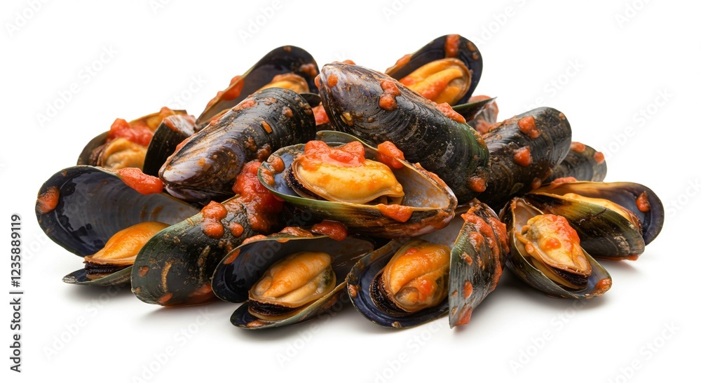 Delicious Mussels in Spicy Tomato Sauce Cooked Seafood Closeup Pile Delicious Mussels in Spicy Tomato Sauce Cooked Seafood Closeup Pile