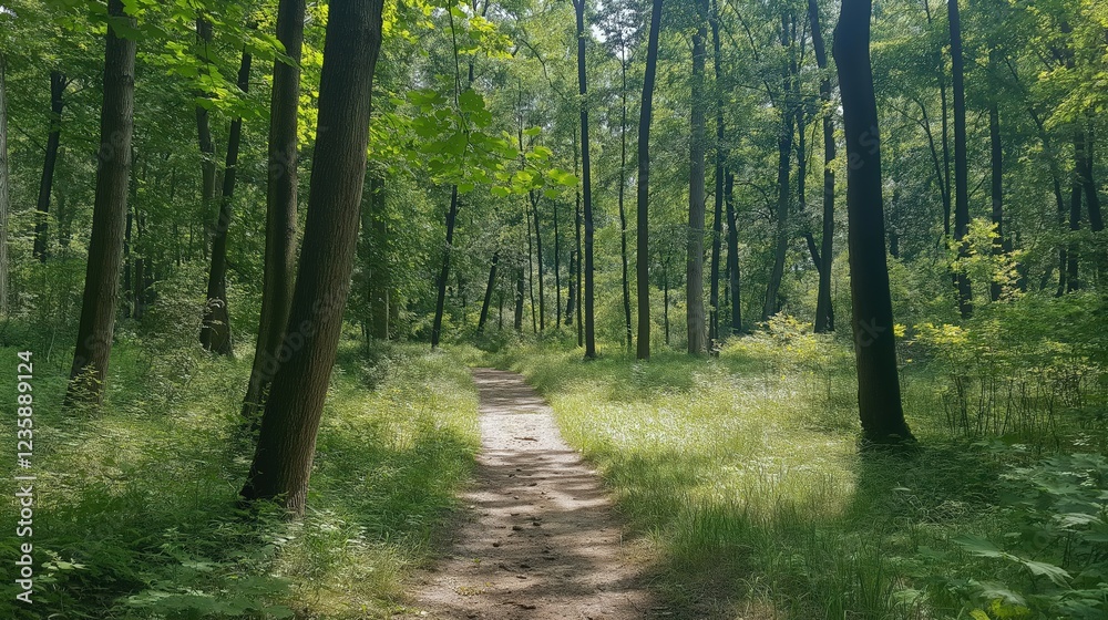 Obraz premium Sun Dappled Path Through Lush Green Forest