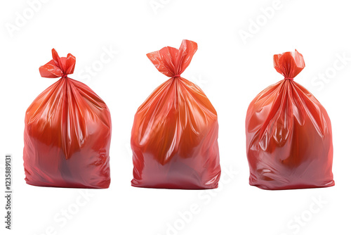 Three red trash bags ready for disposal, isolated on transparent or white background photo