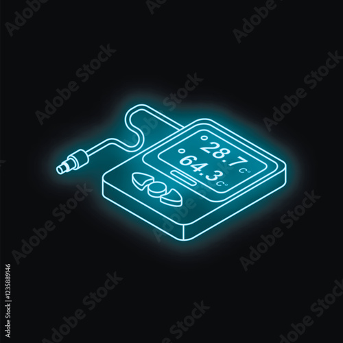 Neon style digital glucometer showing blood glucose and temperature levels on black background
