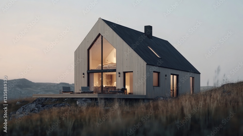 Obraz premium Modern Barn House on a Hilltop at Sunset