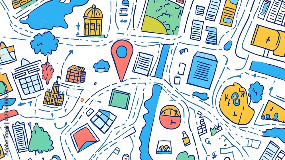 Hand-drawn city map illustration, with landmarks, location markers, and elements of urban design. Potential use for educational materials or presentations Hand-drawn city map illustration, with landmarks, location markers, and elements of urban design. Potential use for educational materials or presentations