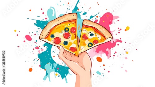 Hand holding a sliced pizza with colorful background photo