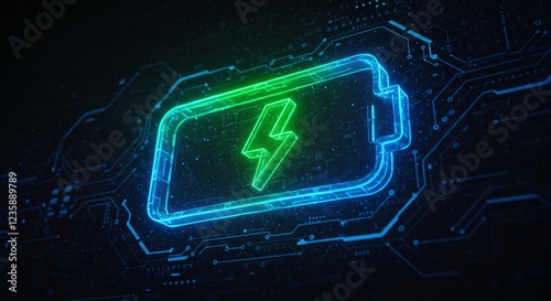 A glowing neon battery icon with a lightning symbol, set against a futuristic digital circuit board, representing energy, power, and advanced technology.