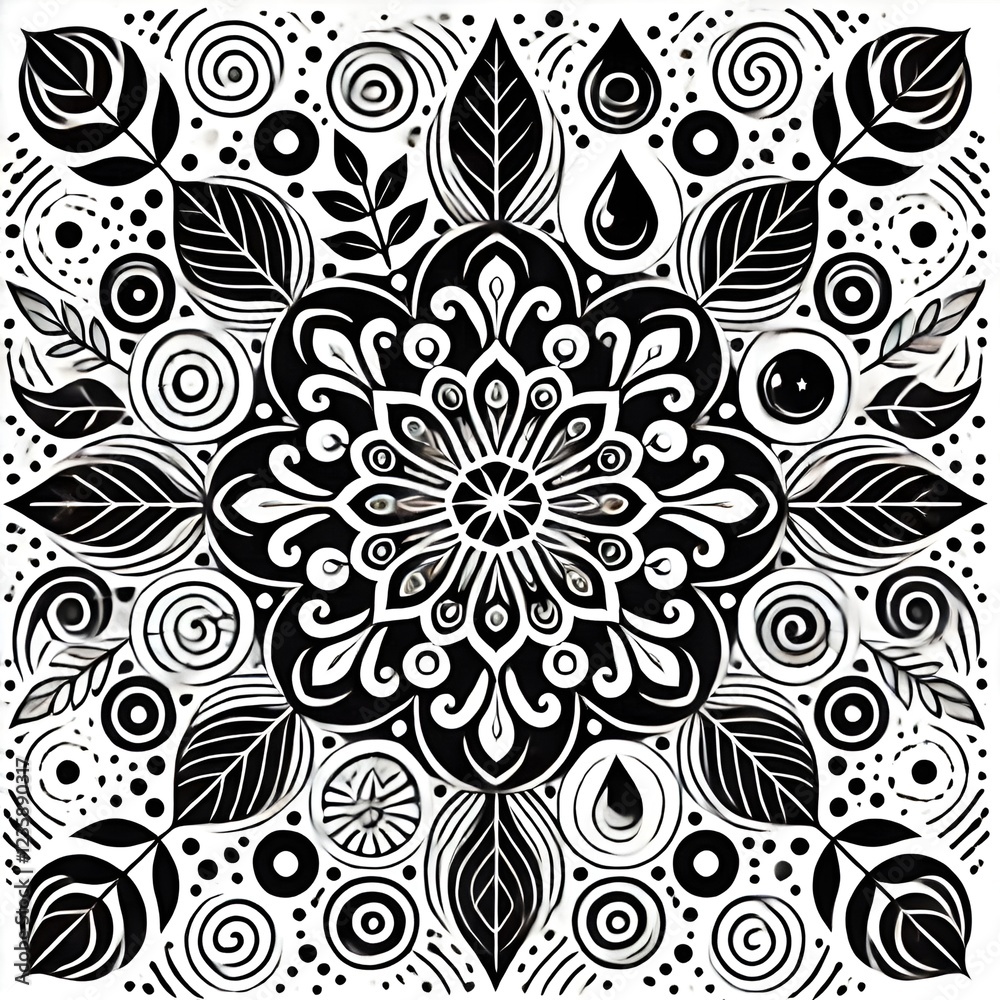 Obraz premium ntricate black and white floral pattern with leaves and decorative elements for artistic design