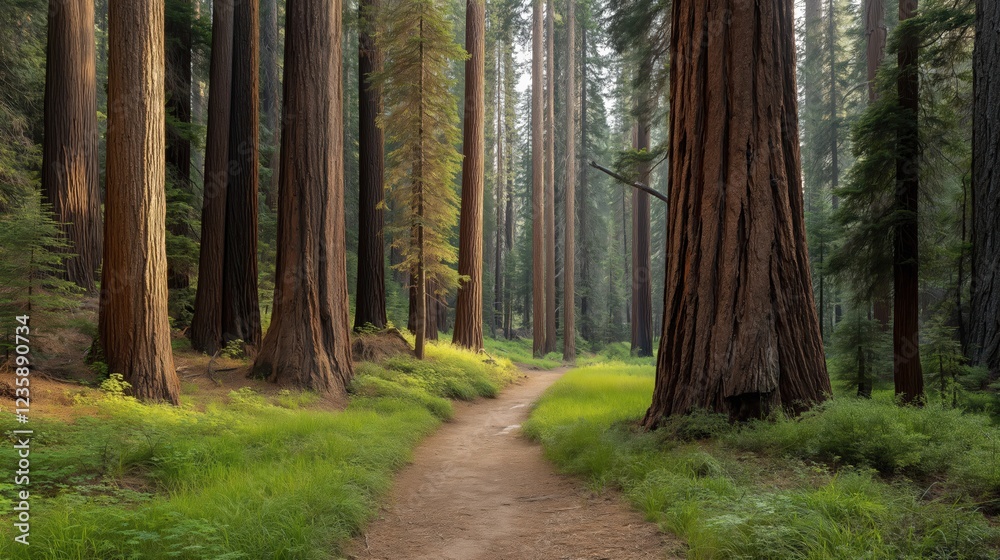 Fototapeta premium Sunlit Forest Path Among Trees