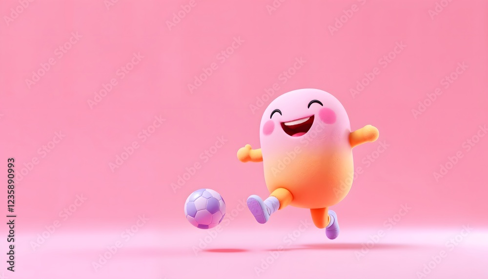 Happy Cartoon Character Kicking Soccer Ball Pink Background Happy Cartoon Character Kicking Soccer Ball Pink Background