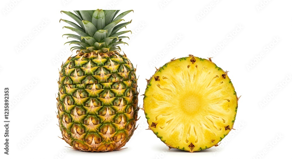 Fresh Ripe Pineapple Whole and Sliced Isolated on White Background Tropical Fruit Fresh Ripe Pineapple Whole and Sliced Isolated on White Background Tropical Fruit