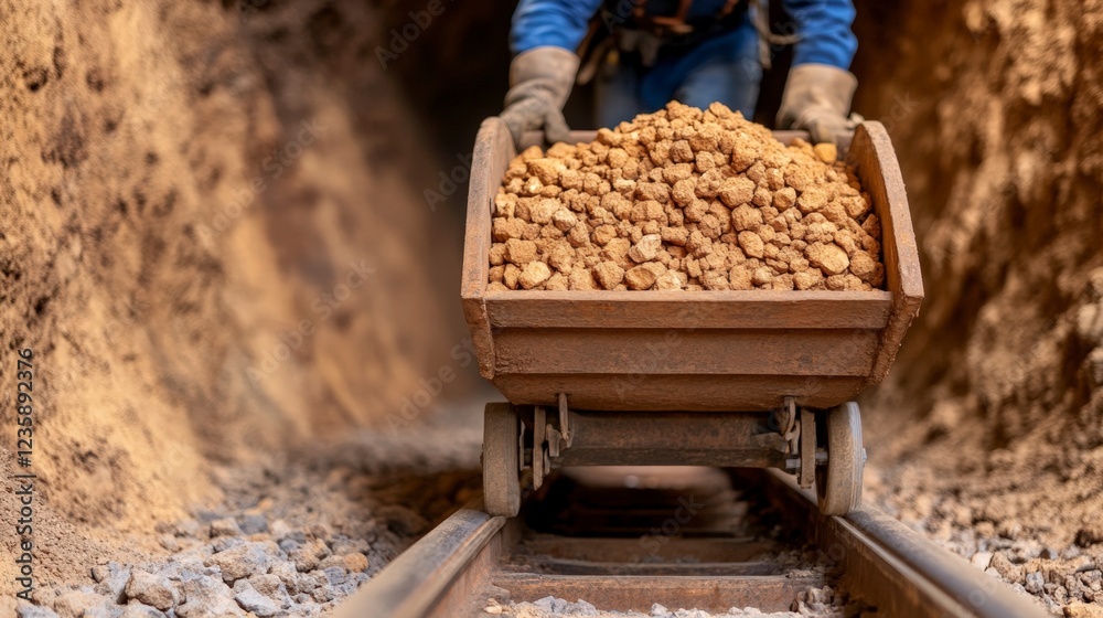 A miner operates a wooden cart filled with gold nuggets, navigating through a dimly lit tunnel, showcasing the mining process. A miner operates a wooden cart filled with gold nuggets, navigating through a dimly lit tunnel, showcasing the mining process.