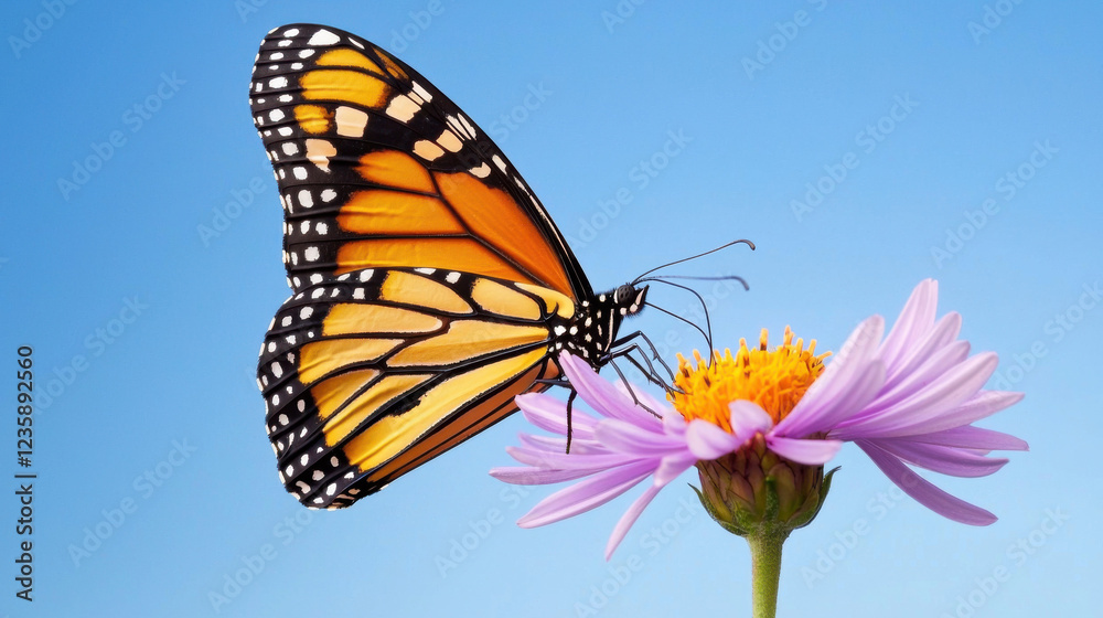 A vibrant Monarch butterfly perched on a pink flower against a clear blue sky, showcasing nature's beauty and intricate details. A vibrant Monarch butterfly perched on a pink flower against a clear blue sky, showcasing nature's beauty and intricate details.