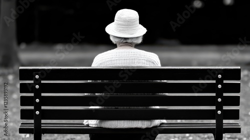 An elderly woman sits alone on a park bench in a serene monochrome scene, exuding solitude and retrospection amid a soft backdrop. photo