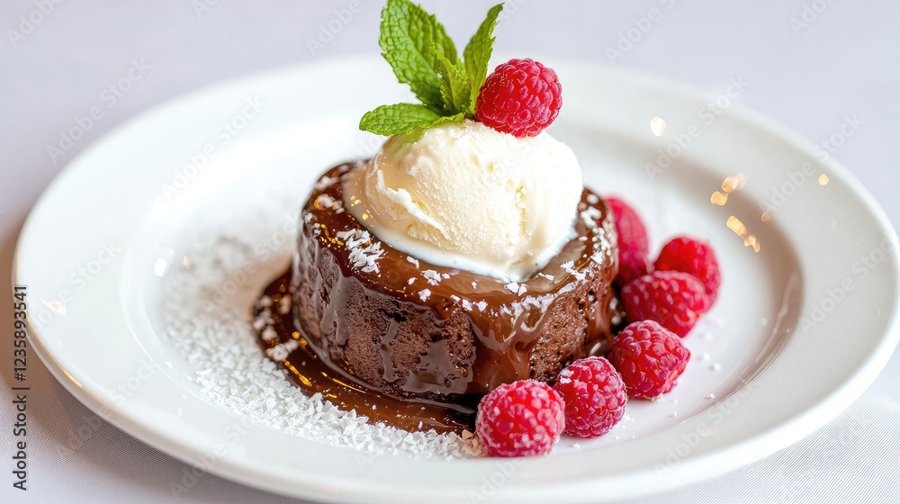 Molten chocolate cake, vanilla ice cream, raspberries, dessert, restaurant Molten chocolate cake, vanilla ice cream, raspberries, dessert, restaurant