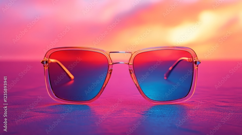 Sunglasses with colorful gradient lenses, smooth single-tone backdrop Sunglasses with colorful gradient lenses, smooth single-tone backdrop