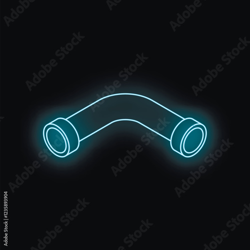 Neon blue pipe fitting forming a right angle, glowing on a dark background