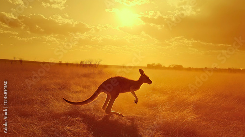 Hopping Kangaroo Silhouette at Sunset in Australian Grassland Wildlife photo