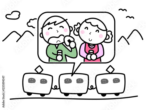 電車で旅行する男女