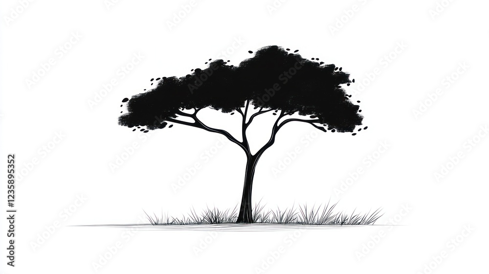 Fototapeta premium Silhouette of a savanna tree against white background