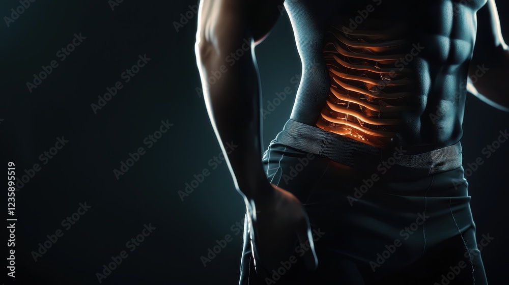 Naklejka premium Man with back pain sitting on bed holding lower back in discomfort and stretching for relief