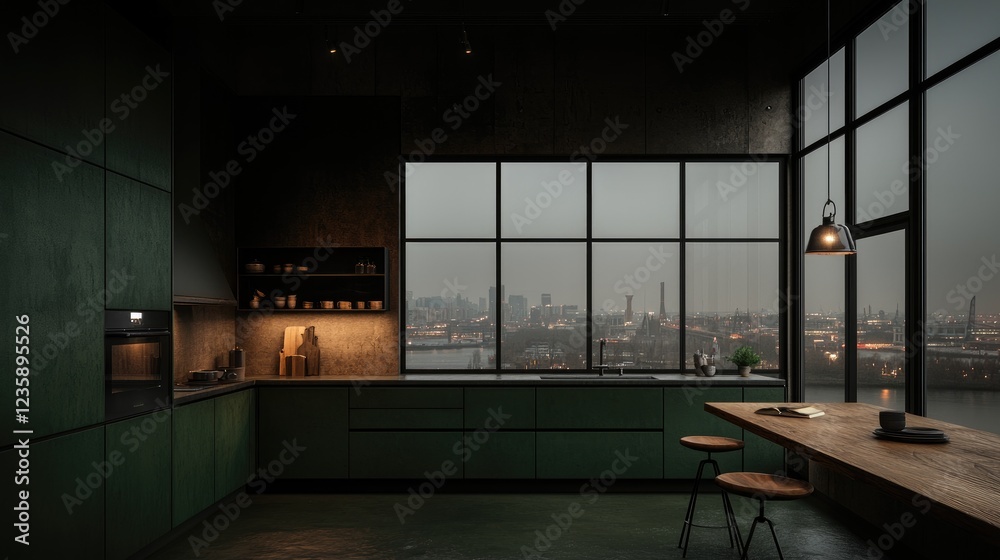 Dark green kitchen, city view, rainy evening, interior design
