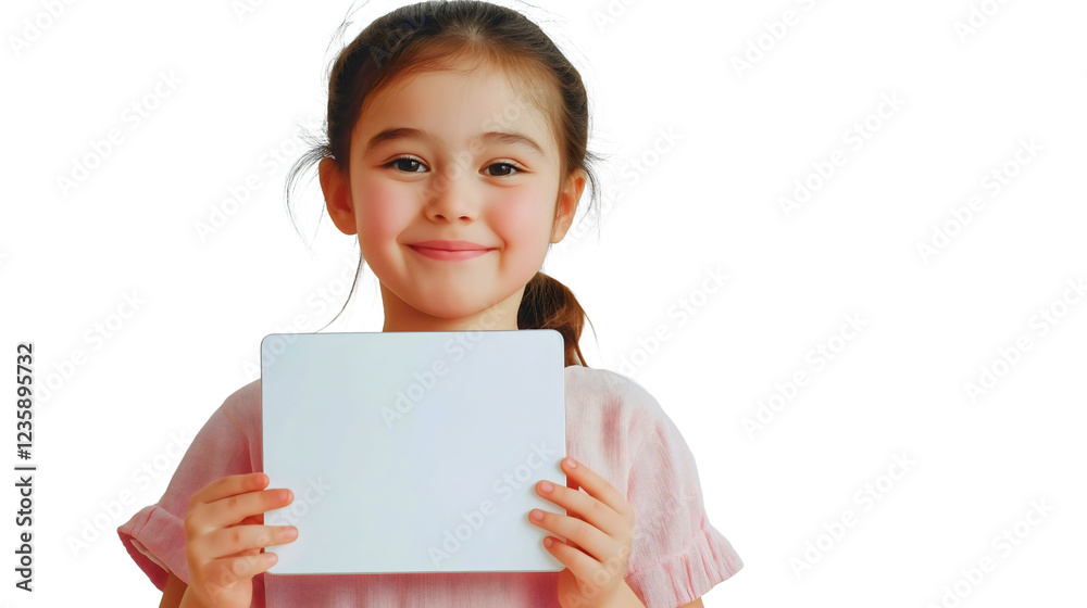 Cheerful Young Girl Holding Tablet with Blank Sign Capturing Joyful Innocence in Studio Photography Cheerful Young Girl Holding Tablet with Blank Sign Capturing Joyful Innocence in Studio Photography