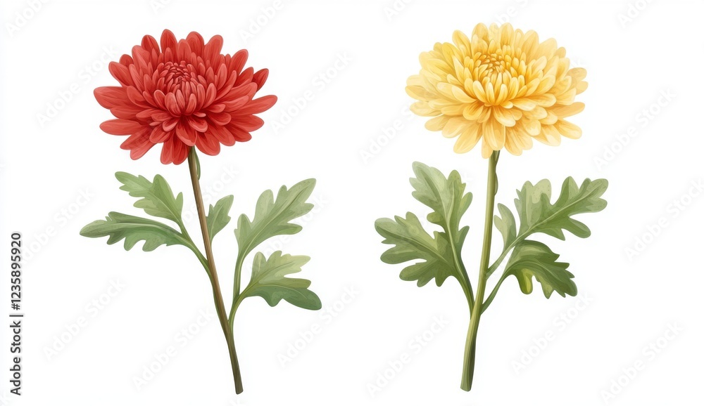 Detailed Botanical Illustration of Red and Yellow Chrysanthemum Flowers on White Background Detailed Botanical Illustration of Red and Yellow Chrysanthemum Flowers on White Background