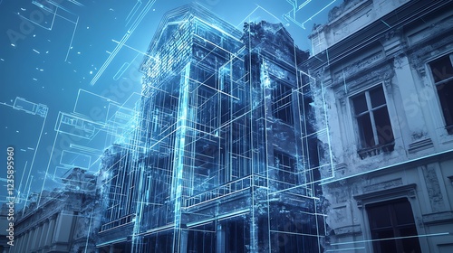 A time-lapse depiction of an old, crumbling building transforming into a futuristic glass skyscraper, with glowing lines and holographic construction elements showing technological innovation.