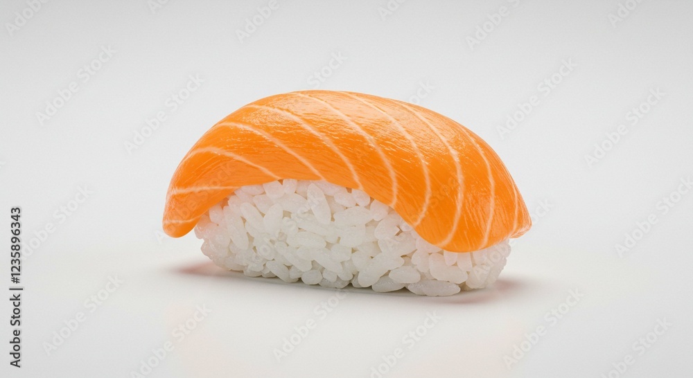 Single Piece of Delicious Salmon Nigiri Sushi on White Background Close Up Shot Single Piece of Delicious Salmon Nigiri Sushi on White Background Close Up Shot