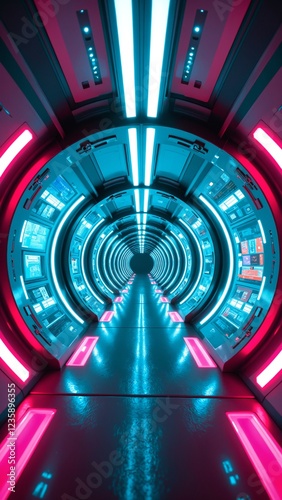 Spaceship futuristic sci-fi tunnel passageway with glowing shiny neon lights, futuristic sci-fi background photo